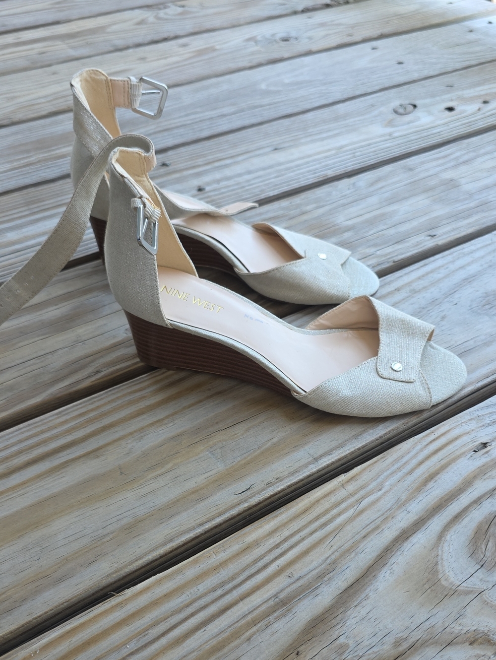 Nine West Beige/Cream Ankle-Strap Wedge Sandals